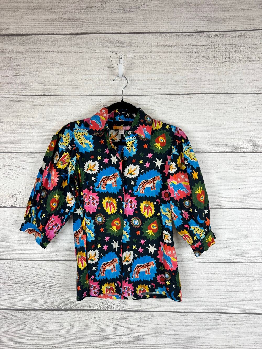 Briton Court Women's Colorful Tiger Button Front Blouse Size XS
